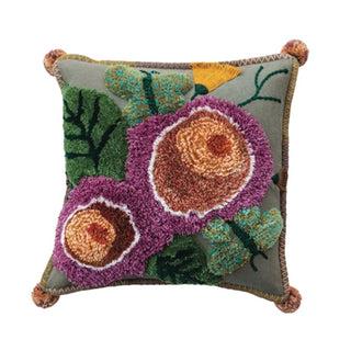 Cotton Tufted Floral Pillow w/ Pom Poms